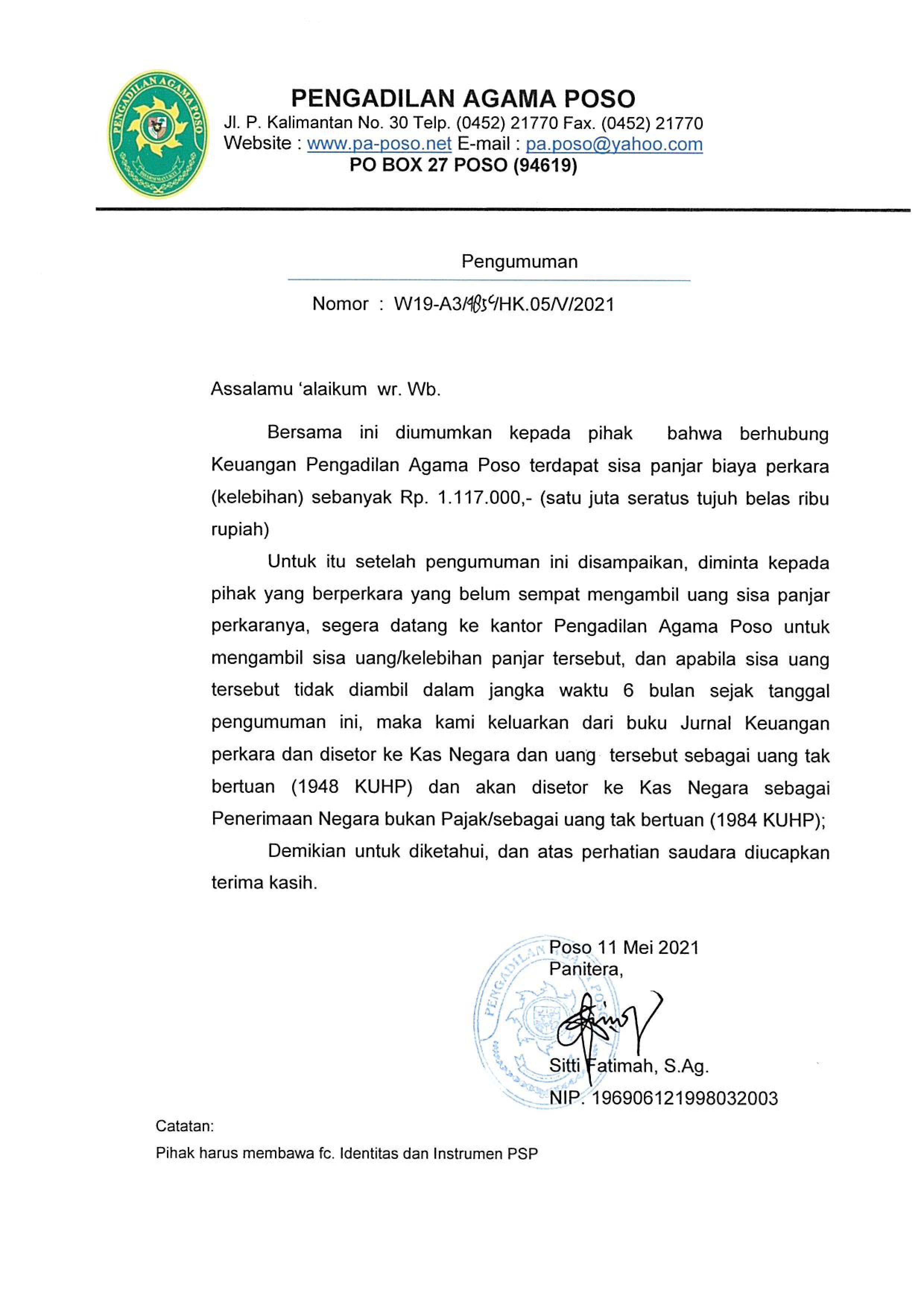 pengumuman sisa panjar 2021